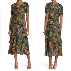 Nanette Lepore Autumn Faux Wrap Dress Floral Size 4 vintage, short sleeve ruffle